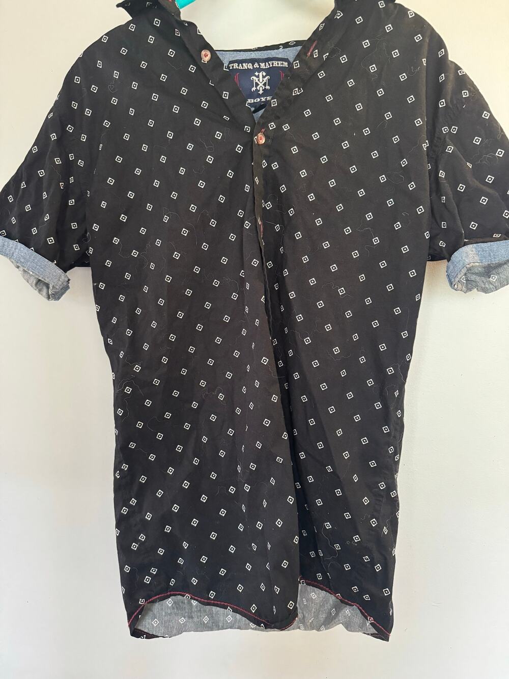 Trang & Mayhem Boys Button Down Shirt Size XL Black Geometric Print Short Sleeve